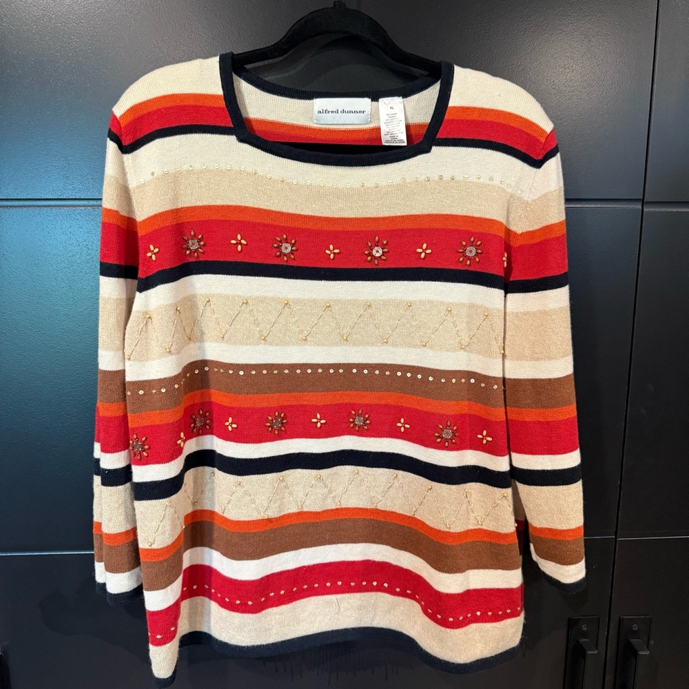 Vintage Ladies Alfred Dunner Striped Beaded Pullover 3/4 Sleeve Fall Sweater XL